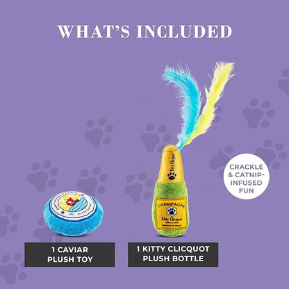 Clicquot Champagne & Caviar Set, Plush Cat Toys Catnip Filled with Interactive Crackle Sound, Safe, Durable Toys for Cat & Kitten, 2 Pcs