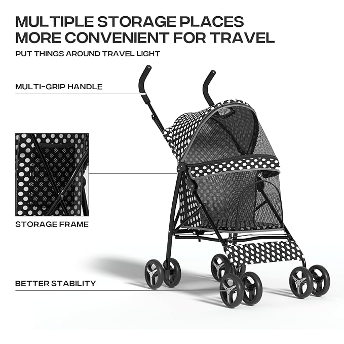 Pet Stroller for Small Dogs & Cats, 10-22lbs, Rear Storage, Black