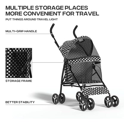 Pet Stroller for Small Dogs & Cats, 10-22lbs, Rear Storage, Black