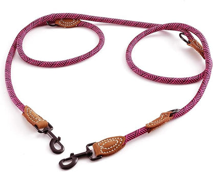 Mile High Life Dual Dog Leash - Double, Hands Free with Leather Connection, 360 Swivel, 8FT Pink