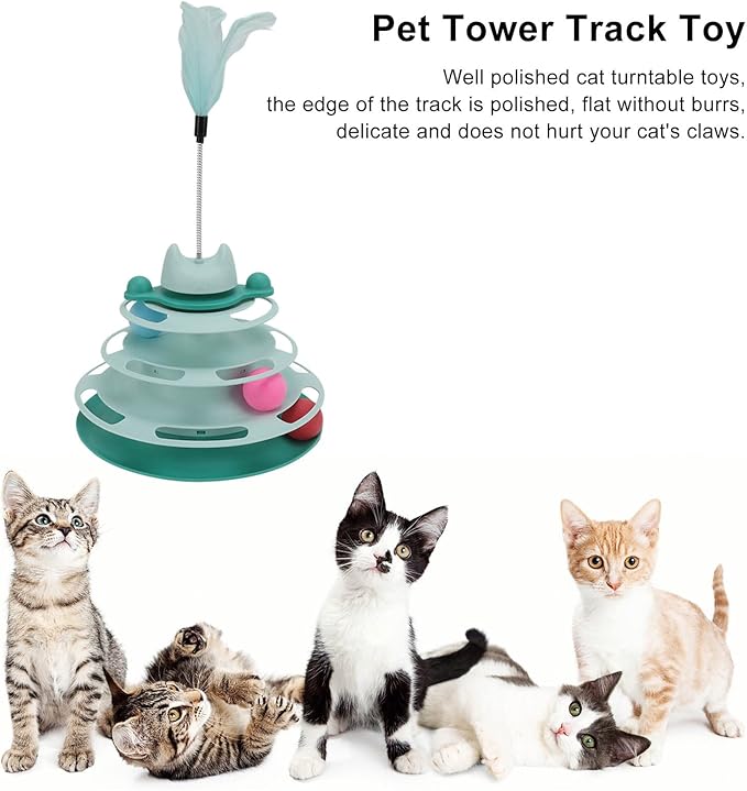 Cat Turntable Ball Toy, 4 Level Interactive Kitten Track Roller Exercise Toy with Feather Stick, Cats Toys Tower Cat Puzzle Toy Suitable for Interactive Kittens Chase Exercise