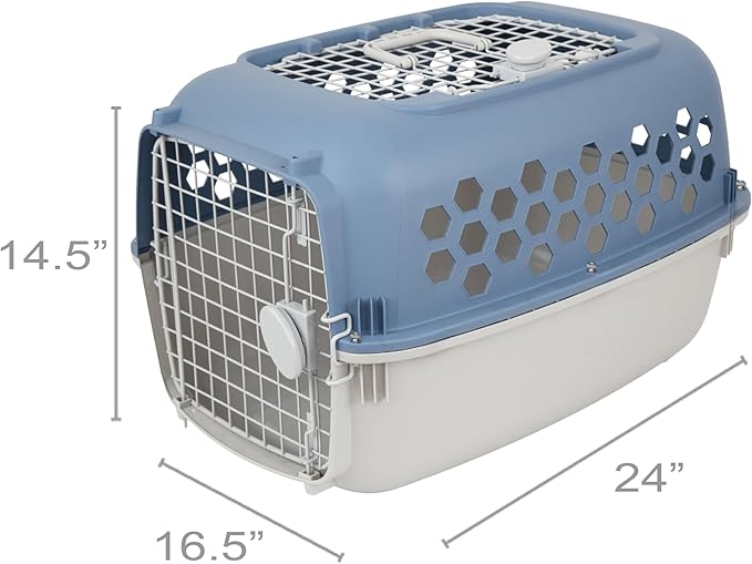 2-Door 24" Plastic Portable Dog Kennel, Blue – Lightweight Travel Crate for Small Dogs & Cats, Indoor/Outdoor Use with Secure Latches