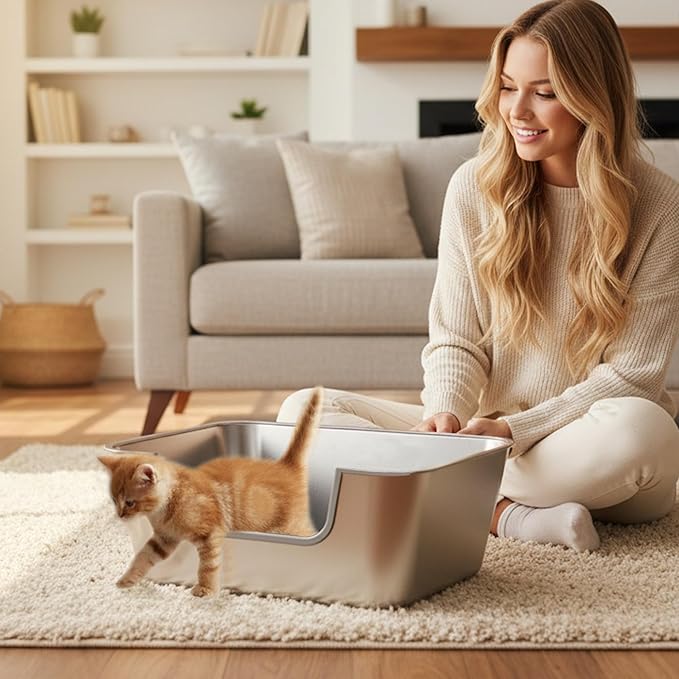 Stainless Steel Cat Litter Box with Low Entry,Litter Pan for Small and Medium Cats,Easy to Clean, Non-Stick, Odor-Free,Suitable for Kittens,Senior Cats and Injured Pets,17.7"x13.8"x5.9"