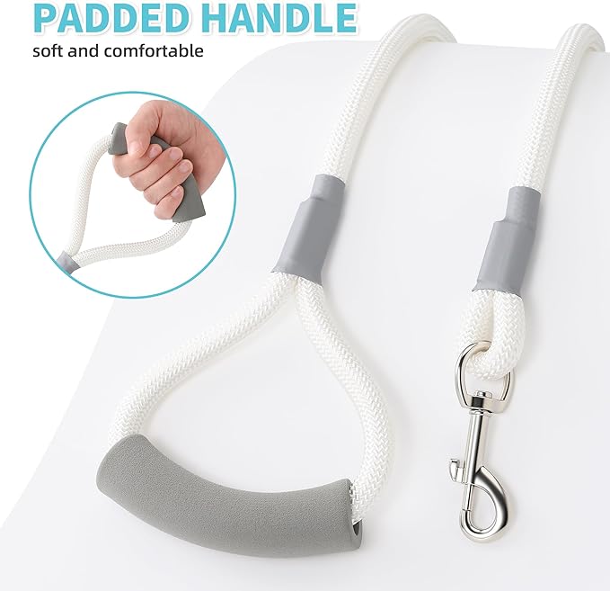 Mile High Life Dog Leash, with Comfortable Padded Handle, White Nylon Rope Leash with Steel Tips, Heavy Duty 4 Feet Pet Leashes (White,48 Inches)