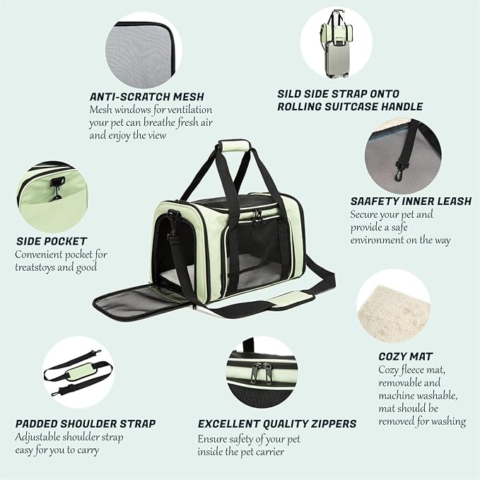Cat Carrier Dog Carrier Pet Carriers for Medium Small Cats Dogs Puppies up to 15 Lbs,TSA Airline Approved Small Dog Cat Carriers Soft Sided,Collapsible Travel Puppy Carrier (Green, Large)