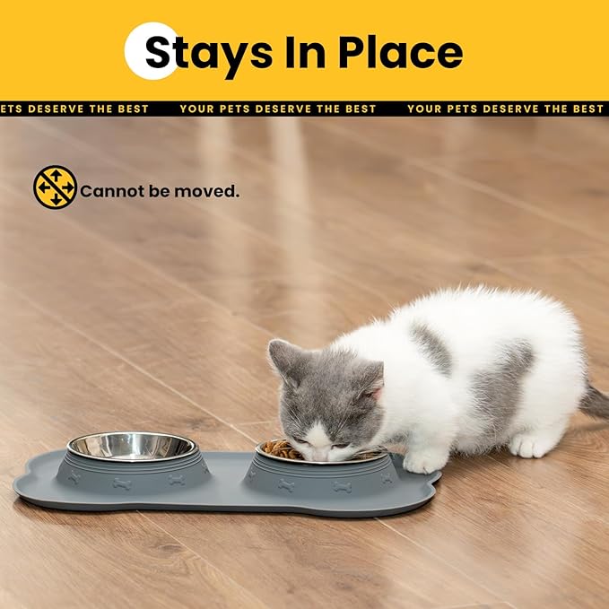 Dog Bowls with Silicone Feeding Mat,No Spill Food Water Dish Set,Dishwasher Safe,2 Stainless Steel Puppy Bowls with Dogs Bandanas,Suitable for Tiny Pets Under 8lbs,Extra Small,Grey