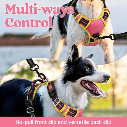 rabbitgoo Dog Harness for Large Dogs, No Pull Pet Vest with 3 Buckles, Adjustable Soft Padded Pet Harness with Easy Control Handle and Reflective Strips, Pink & Yellow, L