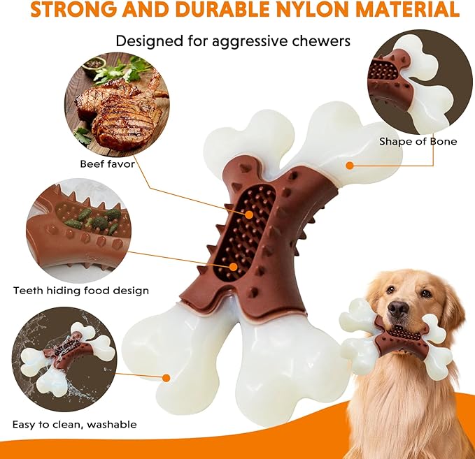 LaRoo Dog Chew Toys for Aggressive Chewers, Durable Nylon Bones Tough Toys for Training and Cleaning Teeth, Interactive Treat Dispensing Toy for Small/Medium Dog, Teething Relief, Meat Flavor (Brown)