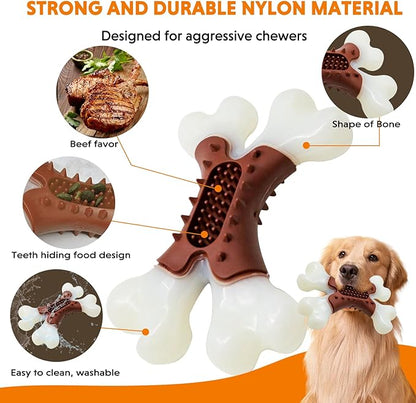 LaRoo Dog Chew Toys for Aggressive Chewers, Durable Nylon Bones Tough Toys for Training and Cleaning Teeth, Interactive Treat Dispensing Toy for Small/Medium Dog, Teething Relief, Meat Flavor (Brown)