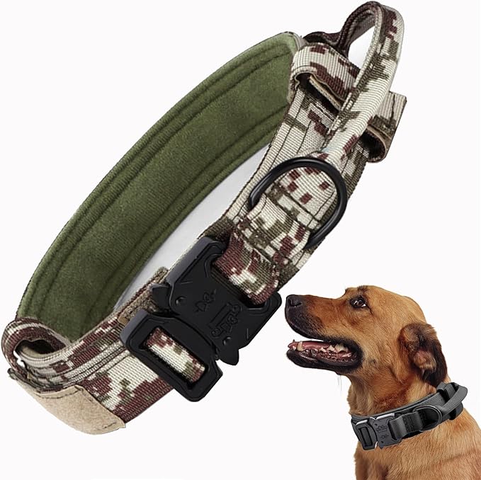 Tactical Dog Collar, Adjustable Military Training Nylon Dog Collar with Control Handle and Heavy Quick-Release Metal Buckle for Small Medium Large Dogs, Camo L