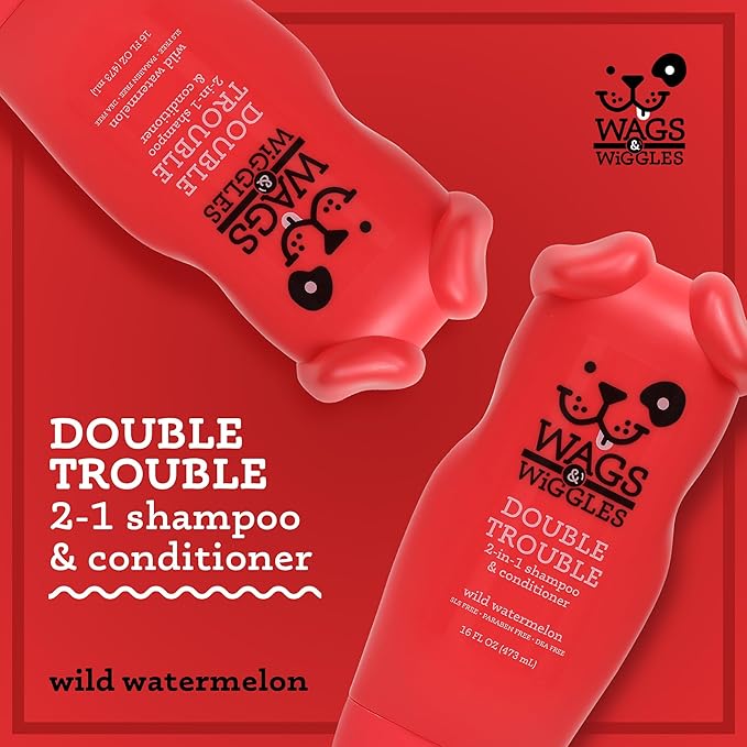 Wags & Wiggles Double Trouble 2-in-1 Dog Shampoo and Conditioner, Fruity Watermelon Scent - Cleansing and Conditioning Formula with Jojoba Oil and Wheat Protein, 16 Fl Oz