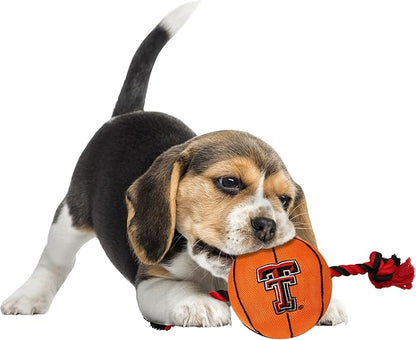NCAA Texas TECH RED Raiders Basketball Rope Toy for Dogs & Cats. Tough Nylon, Sporty Basketball Design, Heavy-Duty Ropes with Inner Squeaker