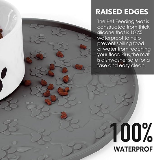 Silicone Pet Food Mat - Waterproof Dog Food Bowl Mat Cat Feeding Mat Thicker Pet Placemat Eating Mat with High Lip to Prevent Spills, Dog & Cat Water Bowl Mat for Messy Drinkers to Protect Floors，Gray