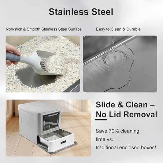 Marchul Enclosed Stainless Steel Cat Litter Box with Lid & Drawer Design for Indoor All Lifestyles Cats, Metal Covered Cat Litter Box, Baffles for Anti-Leakag, with Litter Scoop & Litter Mat