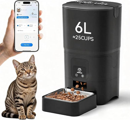 PAPIFEED Automatic Cat Feeder, 6L Pet Feeder, 2.4G WiFi Smart App Control, Bluetooth Assist Link,Wide-Angle Lens, Automatic Feeder for Small and Medium-Sized Pets (WiFi 2.4G)