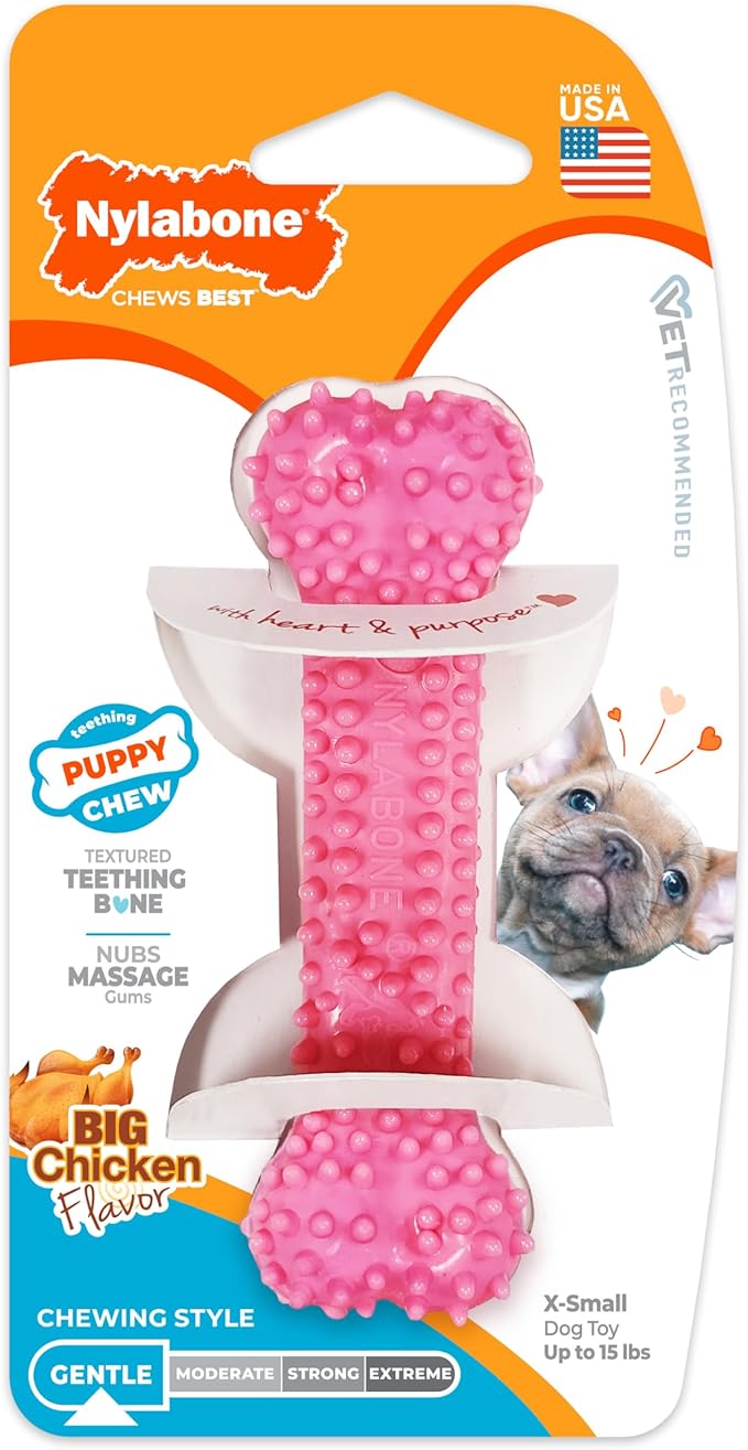 Nylabone Textured Teething Bone Puppy Chew Toy, Soothing Puppy Teething Bone, Enrichment Toy for Puppies, Pink, Chicken Flavor, X-Small Dogs - Up to 15 Ibs, 1 Count