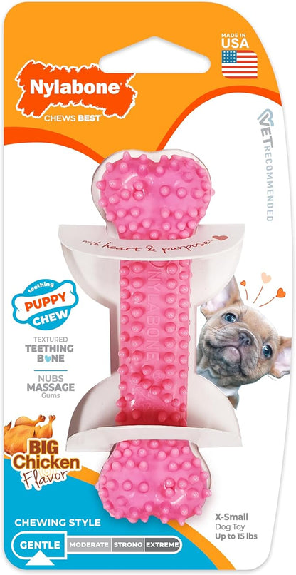 Nylabone Textured Teething Bone Puppy Chew Toy, Soothing Puppy Teething Bone, Enrichment Toy for Puppies, Pink, Chicken Flavor, X-Small Dogs - Up to 15 Ibs, 1 Count