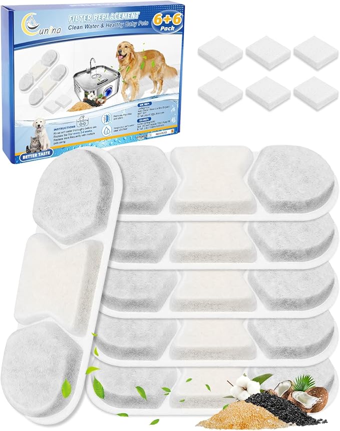 6 PCS Dog Water Filters Replacement Fit for WF120 410oz/3.2Gal/12L & Fit for Zuqqony DYSJ01 Pet Water Fountain, Filter & Sponges for Multi-Pet Homes