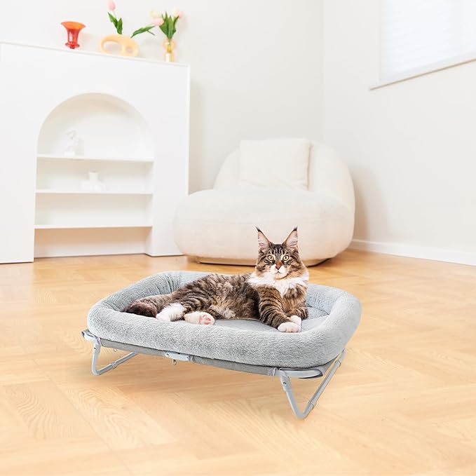 Sunhoo Elevated Cat Bed Foldable Raised Pet Hammock Self-Supporting Puppy Lounger with Off Floor Metal Frame Washable Cover for Small Dog Kitten Indoor Use 25.2x15.75x7.48 in（Grey）