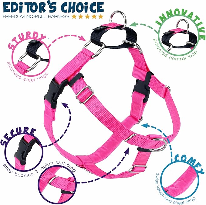 2 Hounds Design Freedom No Pull Dog Harness, Adjustable Harness, Easy Walking & Comfortable Control, Fits Small, Medium & Large Dogs, Solid Colors, Made in USA, 1" LG, Hot Pink