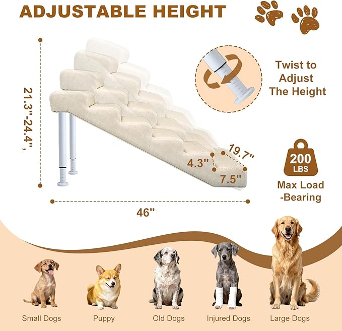 Adjustable Dog Stairs & Ramp for Cats and Dogs, 6-Step Pet Stairs for High Beds and Couch, 21.2"–24.4" Height, Linen Faux Leather, Waterproof, Scratch-Resistant, Non-Slip Indoor Pet Ramp