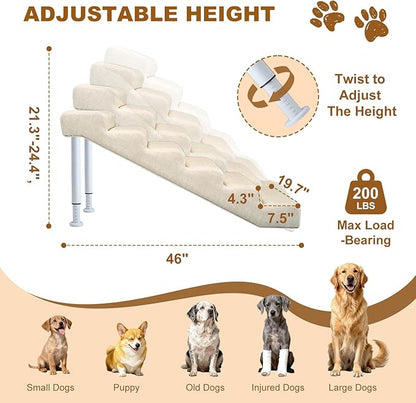 Adjustable Dog Stairs & Ramp for Cats and Dogs, 6-Step Pet Stairs for High Beds and Couch, 21.2"–24.4" Height, Linen Faux Leather, Waterproof, Scratch-Resistant, Non-Slip Indoor Pet Ramp