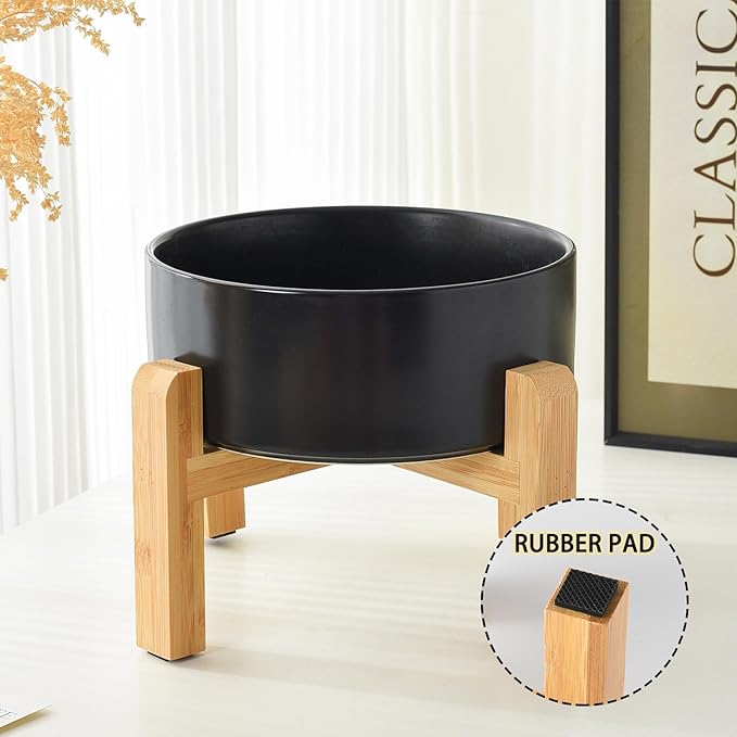 8'' Ceramic Raised Dog Bowl - 70Oz Dog Food & Water Bowl with Elevated Non-Slip Bamboo Stand, Dishwasher & Microwave Safe, Anti Vomiting Heavy Duty Pet Bowl for Medium and Large Dogs, Black