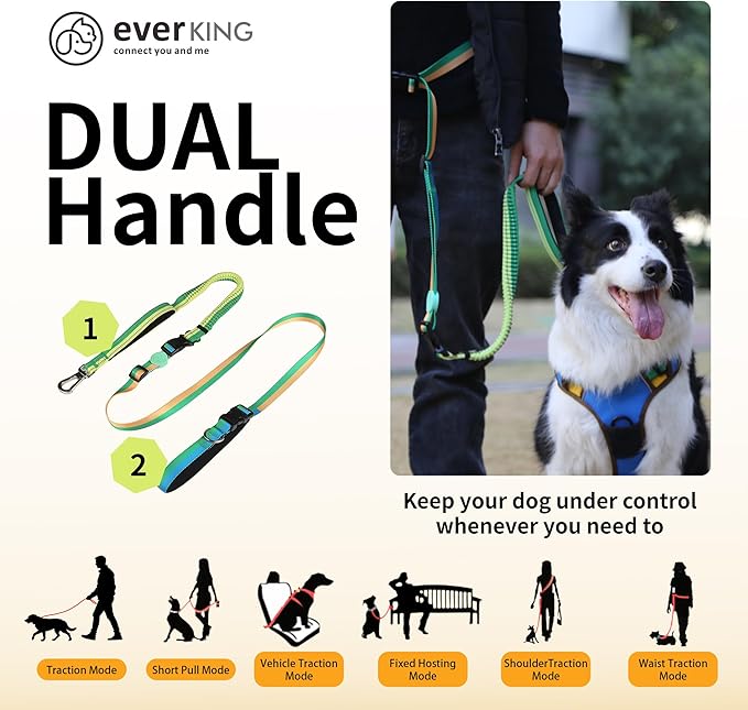 ‌EVERKING 6ft Hands-Free Dog Leash - 6-in-1 Adjustable with 360° Rotating Buckle, Night Reflective & Shock Absorbing for Large/Small Dogs (Up to 120lbs) (Green)