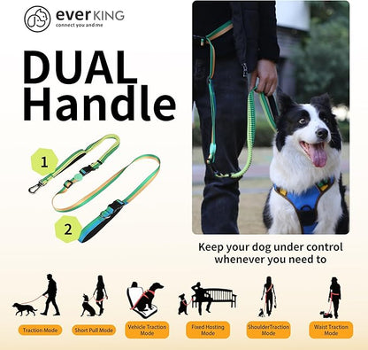 ‌EVERKING 6ft Hands-Free Dog Leash - 6-in-1 Adjustable with 360° Rotating Buckle, Night Reflective & Shock Absorbing for Large/Small Dogs (Up to 120lbs) (Green)