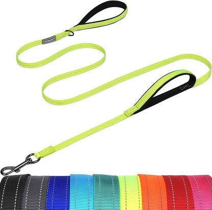 VIVAGLORY Dog Leash Twingrip Double Handle Dog Leash with Traffic Handle Control & 2 Loop for Walking & Training, Reflective Heavy Duty for Puppy Pet Collar, 6ft x 1/2in, Bright Yellow