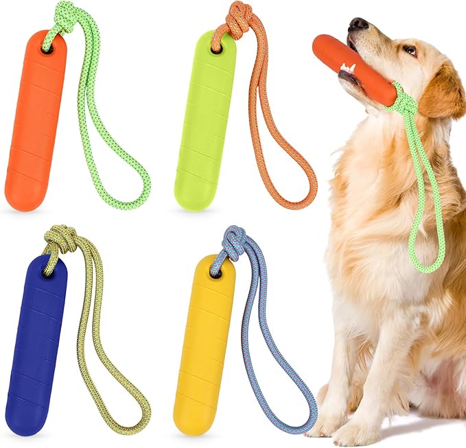 Skylety 4 Pack Floating Dog Toys with Rope Handle EVA Dog Bumper Throw Stick for Water Training Fetch Retrieving High Visibility Pool Water Toys for Beach Diving Pool Yard Summer Outdoor Play