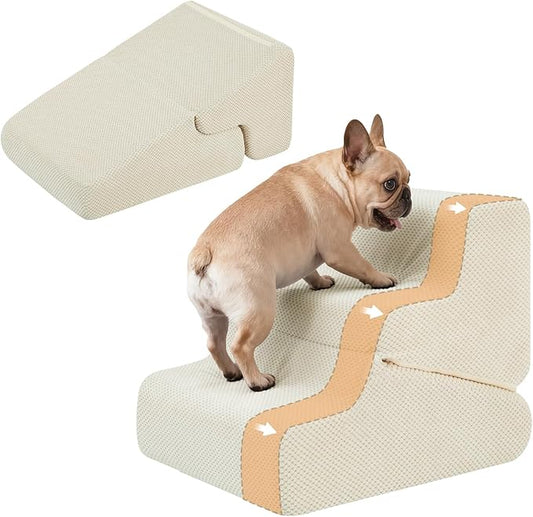 Dog Ramp for Bed, Extra Wide 20" Width Dog Stairs for High Bed, 2 in 1 Pet Steps for Small Dogs, 4-Step Foldable Transformable Large Cats Ramp to Get on Couch, Non-Slip Balanced, Beige