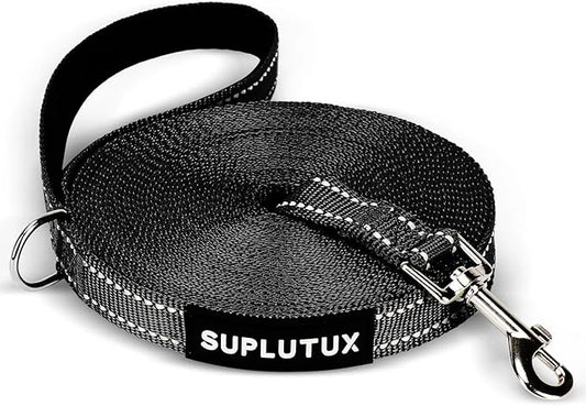 Reflective Dog Leash–10FT/16FT/30FT/50FT/100FT Durable Nylon Training Leash with Heavy-Duty Metal Clasp, High Visibility for Night Walking, Perfect for Small, Large Dogs (Black, 50FT)