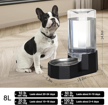 Sfozstra Large Dog Water Dispenser: 8L Large Capacity Gravity Water Feeder - Less Refills for Multi-Pet Homes - Stainless Steel Bowl - Easy Refill & Maintenance - for Medium/Large Dogs - Garage/Patio