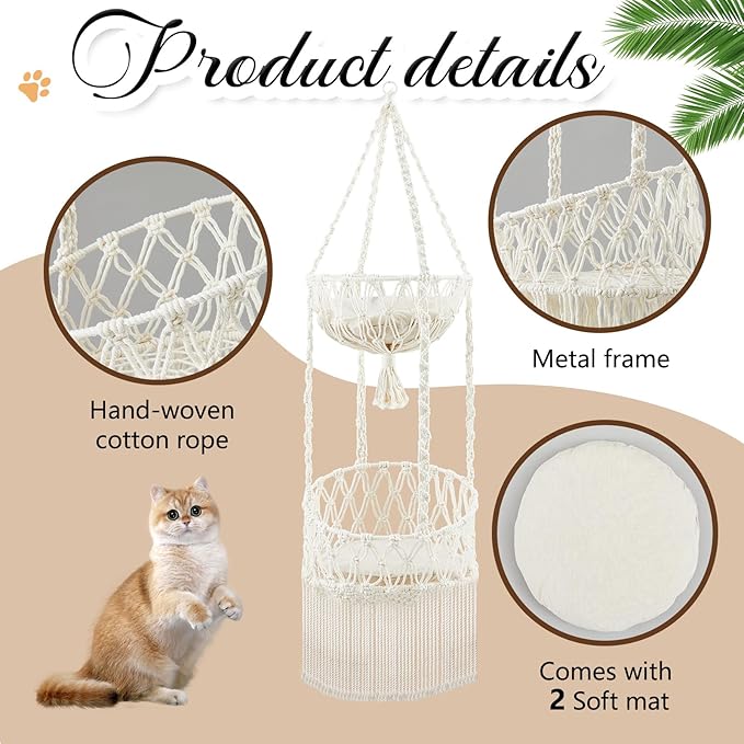 Double Deck Macrame Cat Hammock with Cushion Boho Hanging Bed Swing Cat Tree Door Hanger for Playing Sleeping Climbing and Lounging