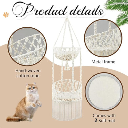 Double Deck Macrame Cat Hammock with Cushion Boho Hanging Bed Swing Cat Tree Door Hanger for Playing Sleeping Climbing and Lounging