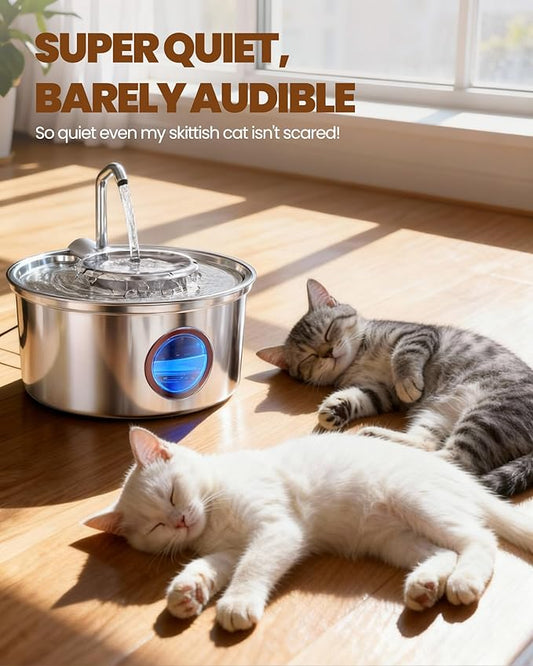 Cat Water Fountain,108oz/3.2L Stainless Steel Cat Fountain and Removable Water Bowl,Pet Fountain with Water Level Window,Quiet Pump,Multi-Filter, Water Tap, Provides Flowing,for Dog Cats
