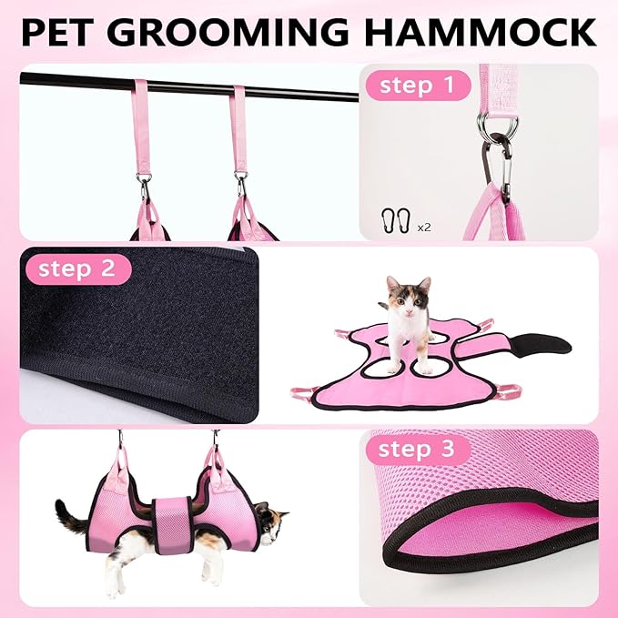 Dog Grooming Hammock, Cat/Small Dog Hammock for Nail Trim, Hanging Harness for Claw Care,Grooming Sling Holder Hanger with Thick Fabric Neck Support Wide Strap Restraint(Pink,xs)