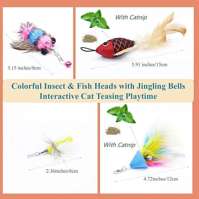 Interactive Cat Wand Toy with 4 Refills and Storage Box – Collapsible Cat Teaser Stick with Catnip Lure, Insect & Ribbon Attachments – Feather Cat Toys for Indoor Cats Enrichment