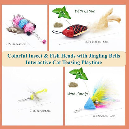Interactive Cat Wand Toy with 4 Refills and Storage Box – Collapsible Cat Teaser Stick with Catnip Lure, Insect & Ribbon Attachments – Feather Cat Toys for Indoor Cats Enrichment