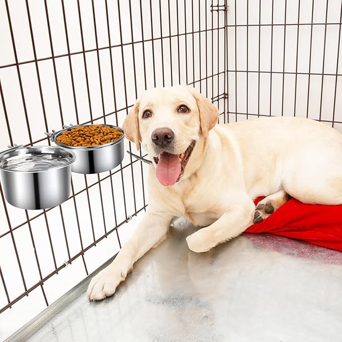 Dog Crate Water Bowl, 2 pcs Stainless Steel Large Dog Bowls 40oz & 60oz, Durable Anti-Spill Pet Metal Bowls for Cage Kennel Crate, Hanging Water/Food Bowl for Medium & Large Dogs