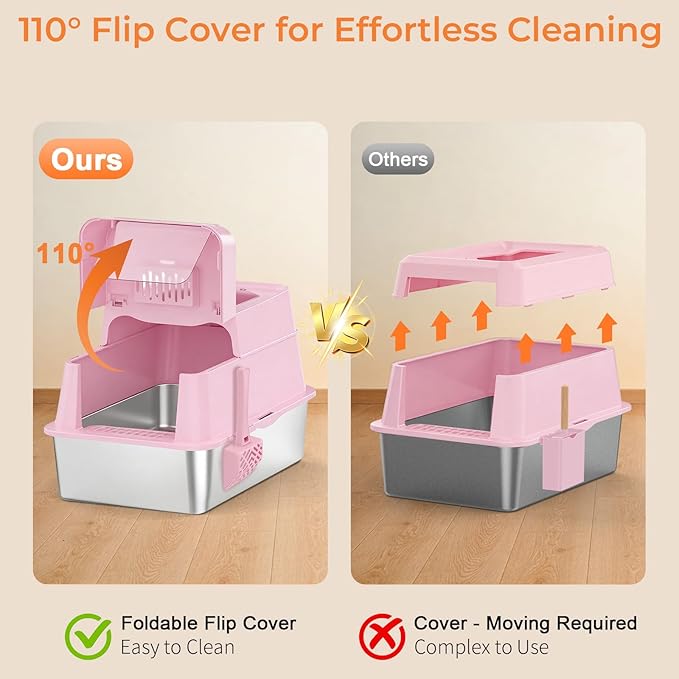 URPOWER Stainless Steel Cat Litter Box with Lid 110° Flip-Top Extra Large Enclosed Litter Box Non-Sticky Metal Pan with High Sided & Scoop, Odor Free, Front & Top Entry, Anti-Leakage, Easy Cleaning