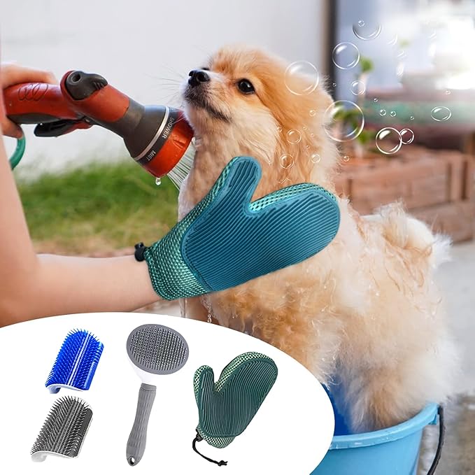 4-in-1 Pet Grooming Kit for Dog Brush, Self-Cleaning Slicker Cat Brush, Massage Grooming Glove and Cat Corner Scratcher, Effortlessly Remove Shedding Hair with Efficient Dog Brush