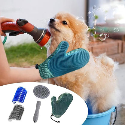 4-in-1 Pet Grooming Kit for Dog Brush, Self-Cleaning Slicker Cat Brush, Massage Grooming Glove and Cat Corner Scratcher, Effortlessly Remove Shedding Hair with Efficient Dog Brush