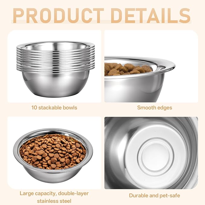 8" Stainless Steel Dog Bowls, 10 Pack 56oz 7 Cups Thickened Metal Dog Food Containers Replacement Pets Bowl Basic Food and Water Dish for Medium Large Dogs Cats