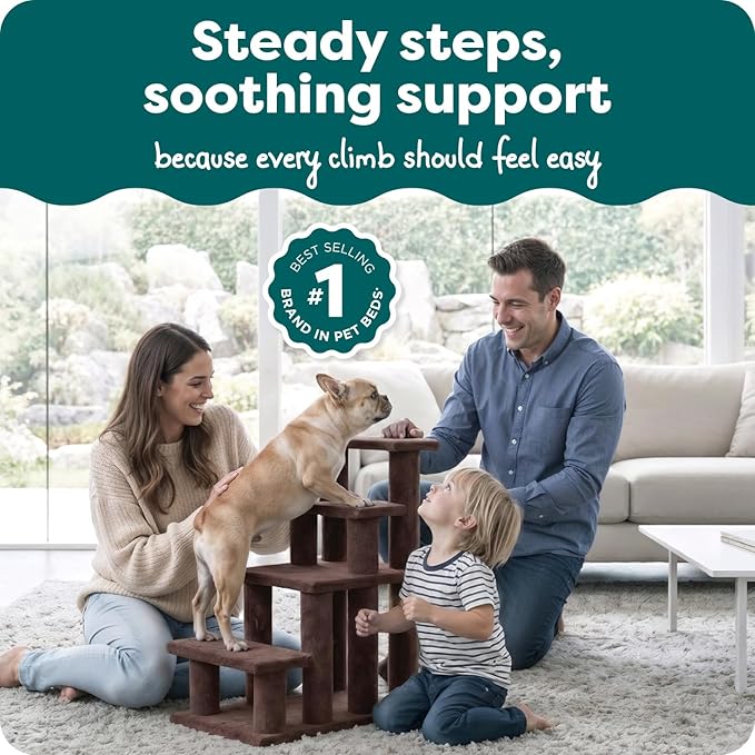 Furhaven Steady Paws Multi-Step Pet Stairs for High Beds & Sofas - Brown, 4-Step