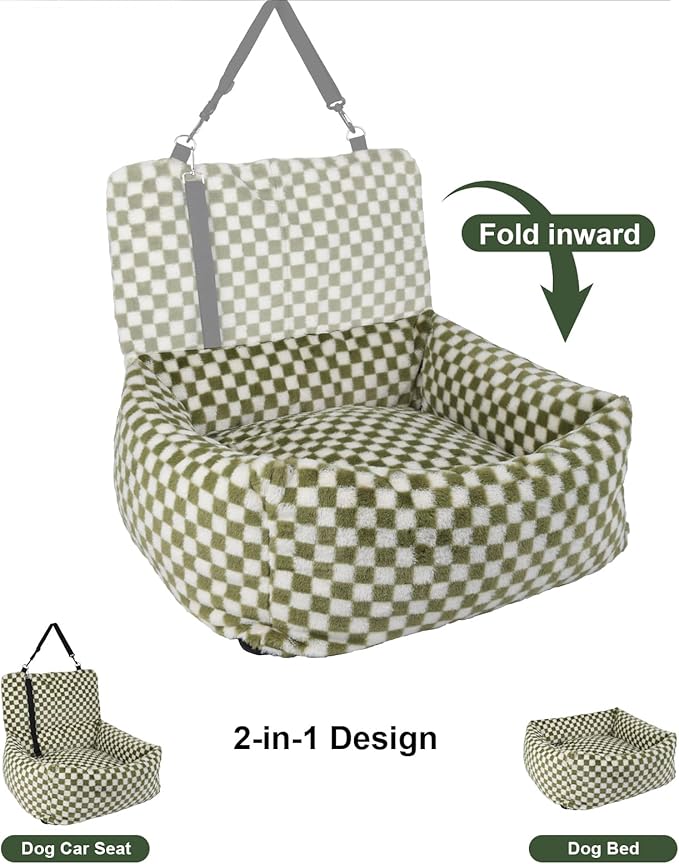 Dog Car Seat for Small Dogs,Medium Dog Car Bed with Detachable Washable Cover,Pet Puppy Booster Cars Seats with Safety Belt Up to 30 lbs(Grid Green)