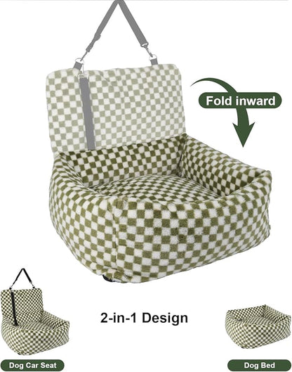 Dog Car Seat for Small Dogs,Medium Dog Car Bed with Detachable Washable Cover,Pet Puppy Booster Cars Seats with Safety Belt Up to 30 lbs(Grid Green)