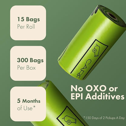 (Not Made In China) 100% Certified Home Compostable Dog and Cat Poop Bags, 300 Count, Plant Based Refill Rolls, Leakproof Doggie Waste Bag, Unscented, Corn Starch and PBAT, 100% Home and TUV Certified