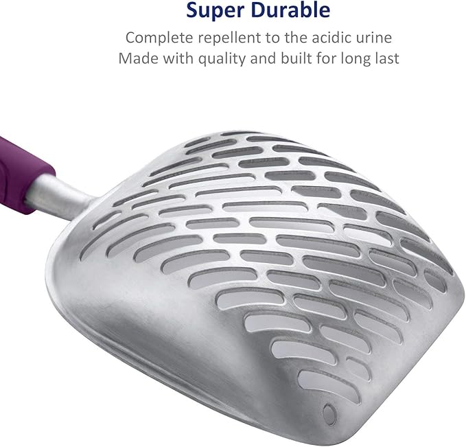WePet Cat Litter Scoop, Aluminum Alloy Sifter, Kitty Metal Scooper, Deep Shovel with Diagonal Sifting Hole, Long Handle, Kitten Poop Lifter for Litter Box, Large Size, Violet Handle